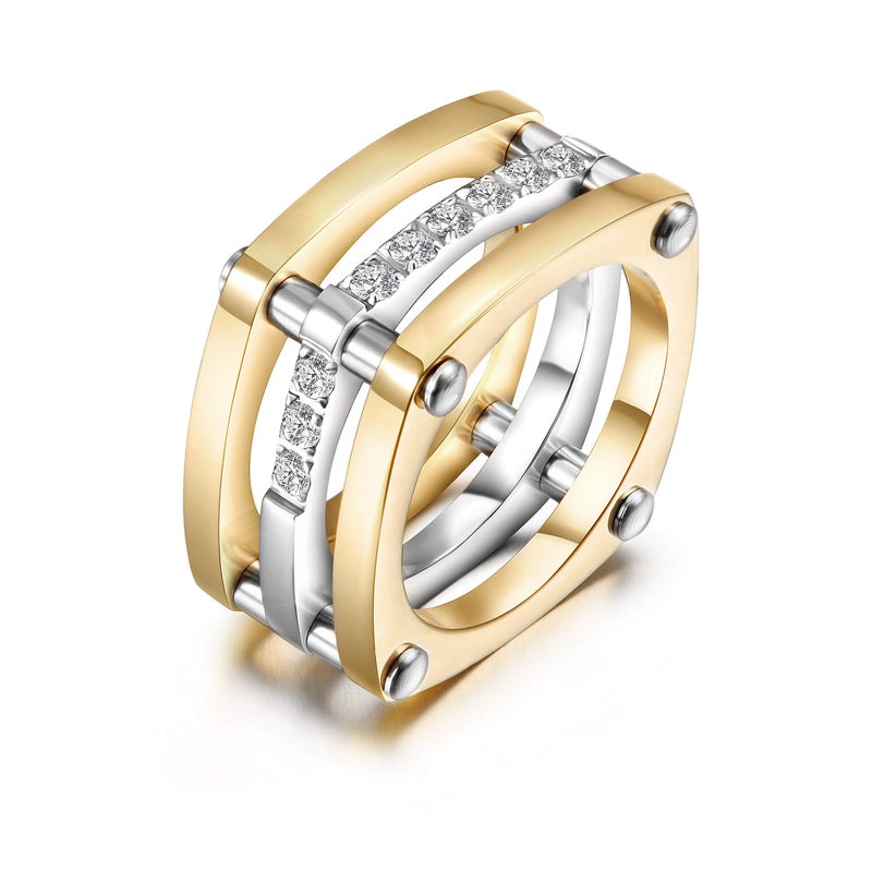CIUNOFOR Square Chunky Cocktail Ring for Women, Gold Plated Stainless Steel CZ Statement Ring, Bold Wide Style, Sizes 7 - Image 1